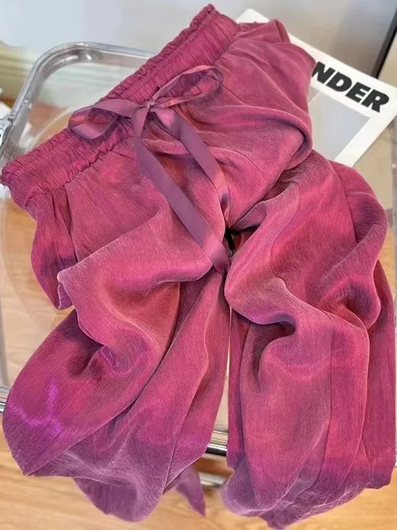 

High Waist Silk Wide Leg Pants Summer Thin Casual Drapey Polyester Fiber Knitted Trousers for Women Commute Style Long Pants