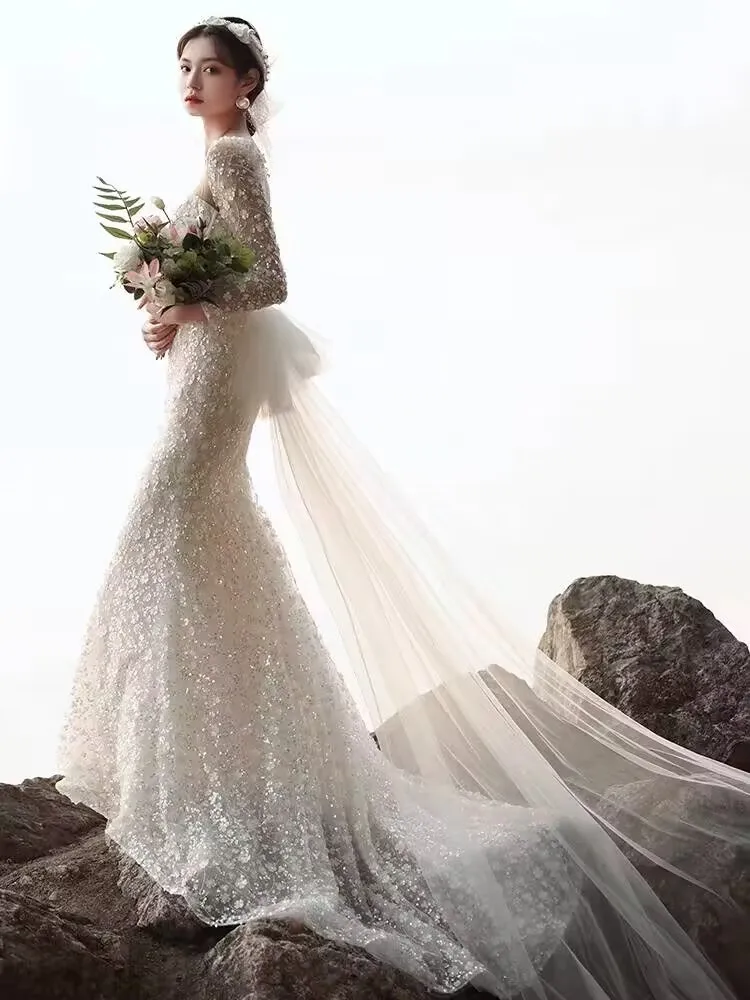 

Новое свадебное платье Ele Lace с длинными рукавами и шлейфом, маленького размера, для выездных церемоний на природе, коллекция Зима 2023