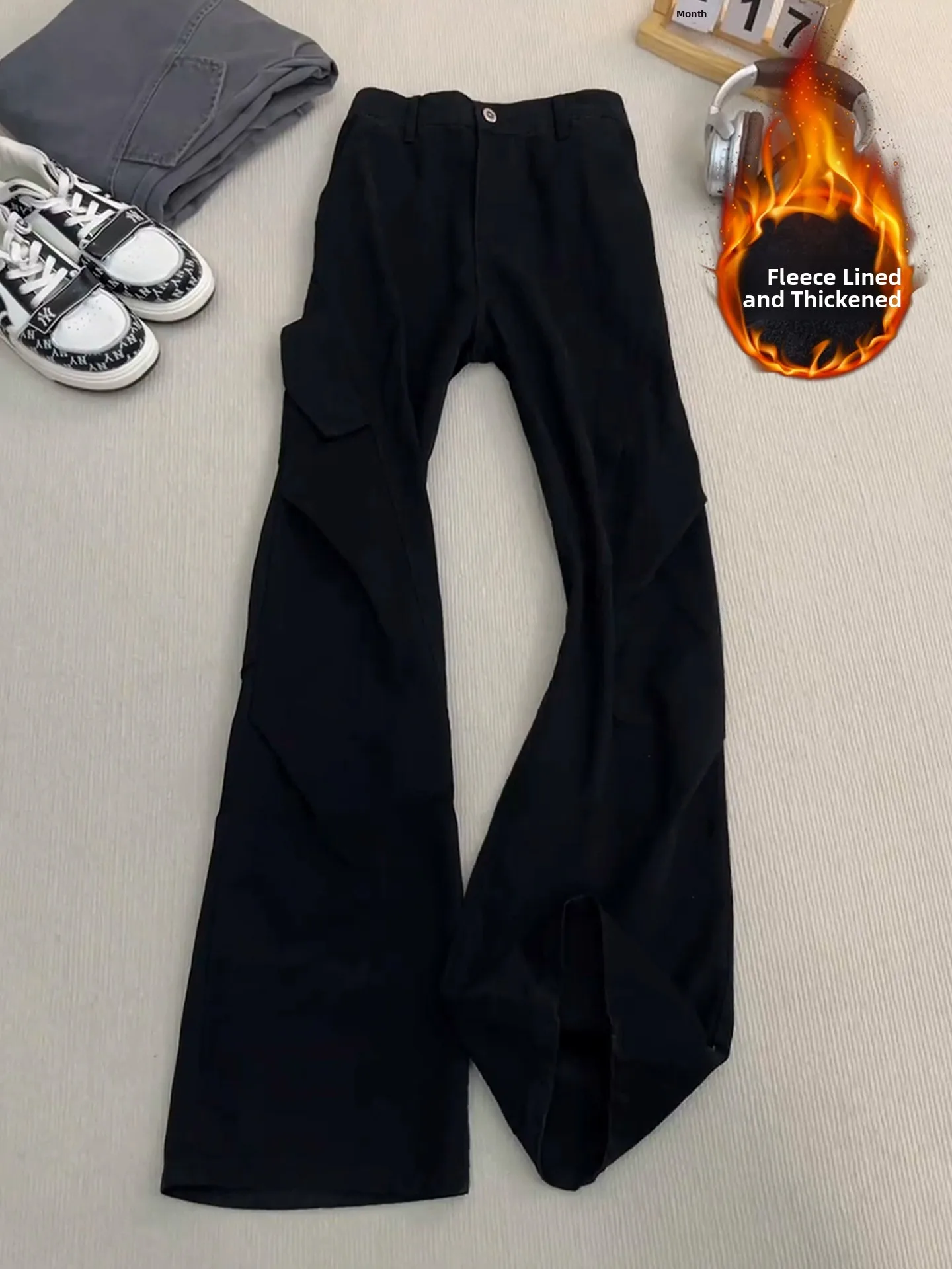 

Мужские джинсы в американском стиле, черные, с косым кроем, утепленные флисом, Cleanfit, длинные, прямые, с низкой посадкой, рабочие, с эффектом потертости