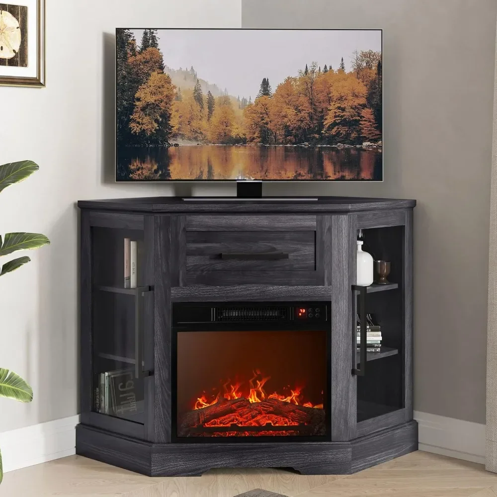 The TV Cabinet Is Equipped with An Electric Fireplace Heater and A Glass Door Storage Cabinet, Suitable for A Maximum of 43“