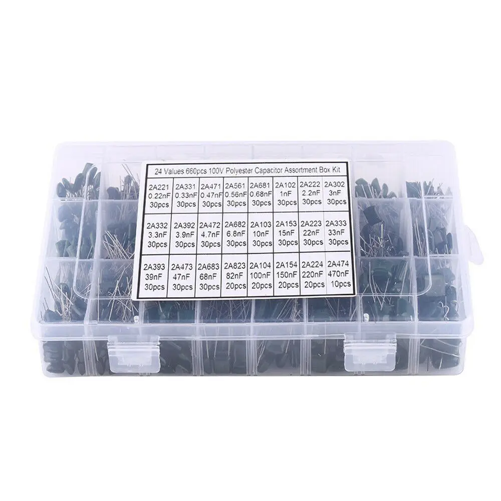 Upgraded 660Pcs 24 Values 100V 2A221-2A474 Polyester Film Capacitor Assortment Pack Kit