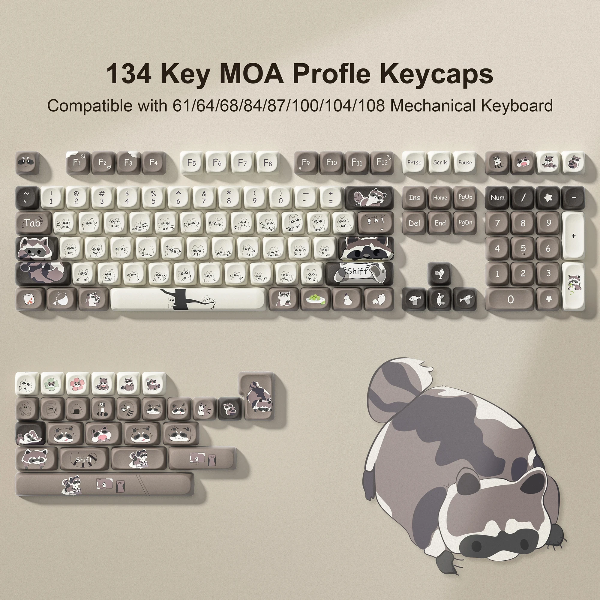 Little Raccoon Custom MOA Profile PBT Keycaps Dye-Sublimation Keycaps 134 Keys Keyboard Keycaps for MX Switches Gaming Keyboard