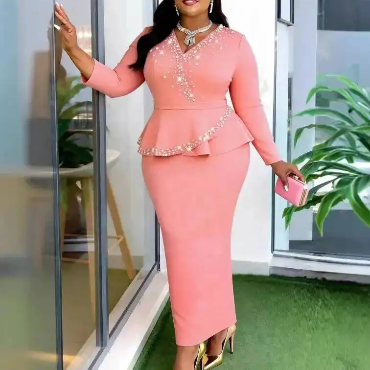 

Plus-size Women's Pink Dress With Rhinestones, Slimming Ruffle Sleeves, Waist-cinching Dress, Elegant Party And Office Dress Y2K