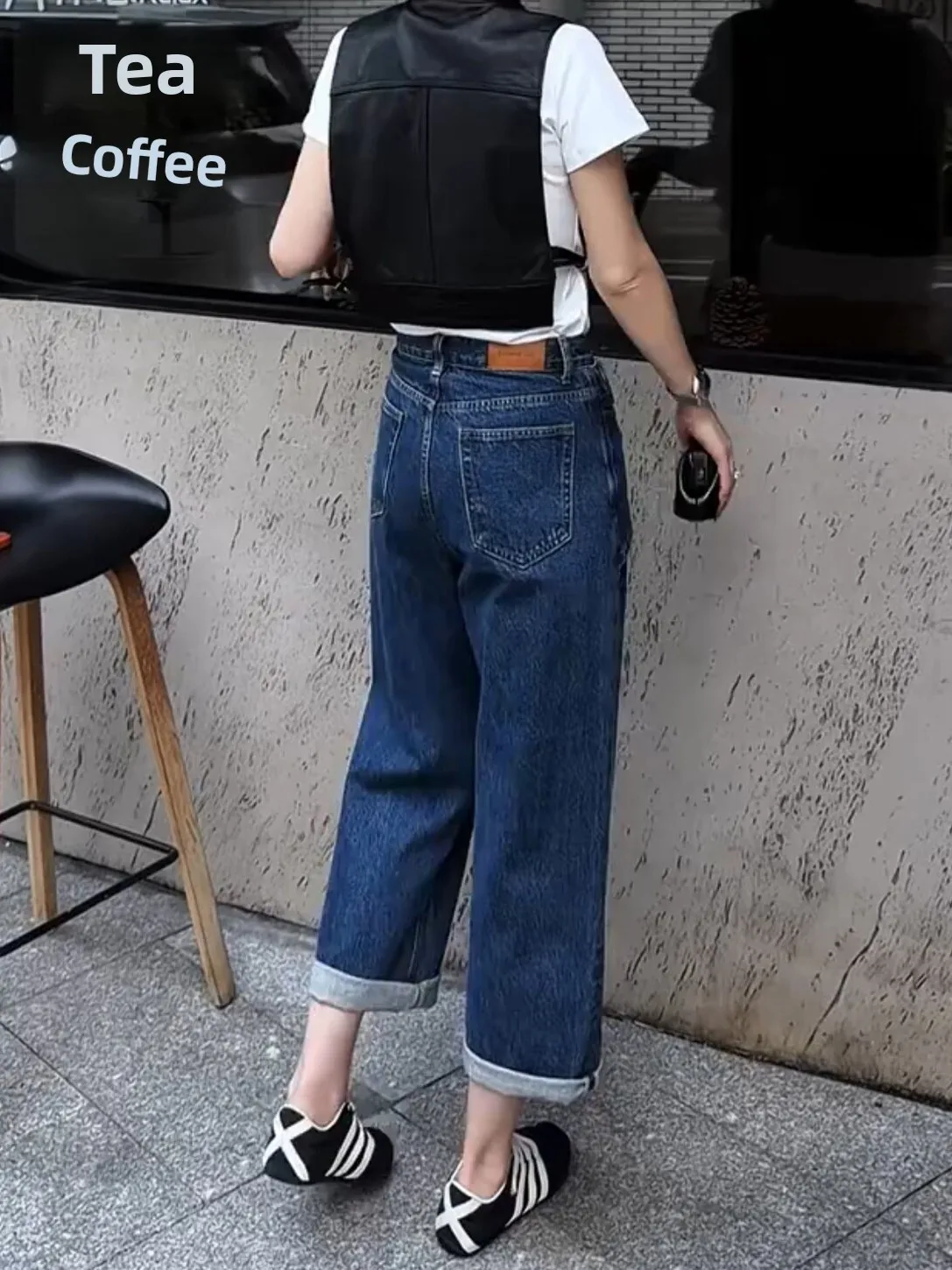 Retro Design Straight Leg Jeans Stylish Nine Points High Waist Denim Pants Casual Loose Fit Blue Polyester Fiber Autumn New