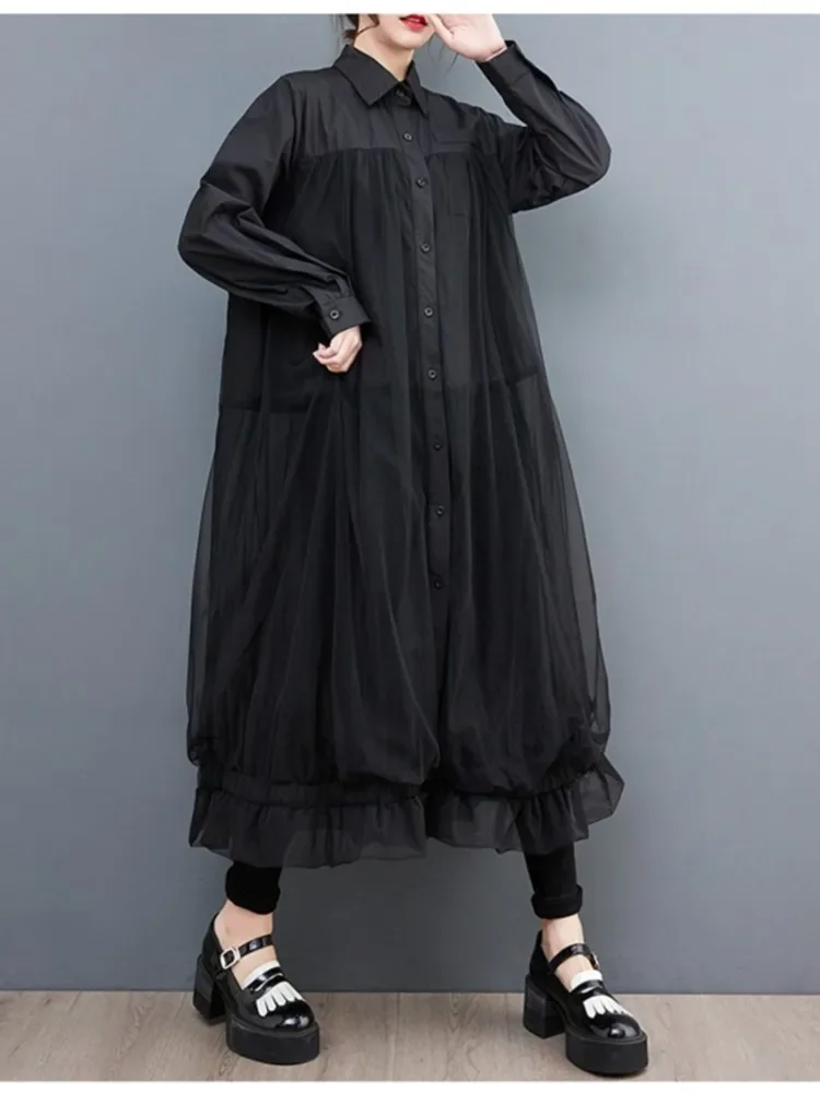 

Oversized Autumn Shirt Long Dress Women Mesh Patchwork Long Sleeve Ladies Dresses Fashion Casual Loose Dress Woman 2024