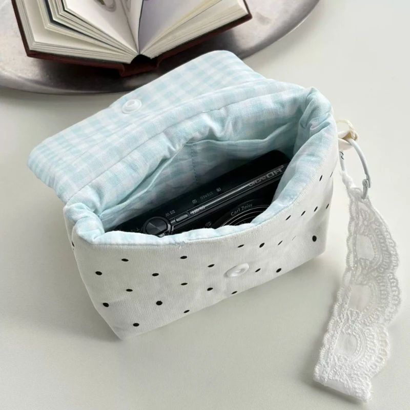 Cute Polka Dot Camera Pouch Korean Bow Pattern Flip Coin Purse Lace Wrist Strap Shock‑proof Mini Storage Bag