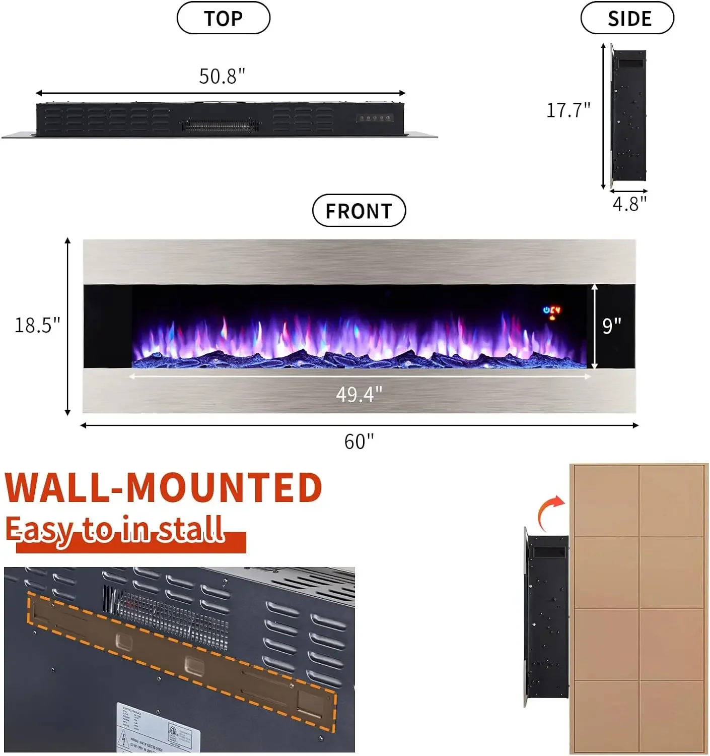 Foyer électrique mural en acier inoxydable, cheminée murale avec télécommande, 6 documents, 5 bûches de luminosité, flamme de cristal, 60 po