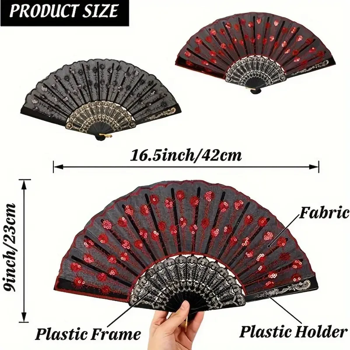 Vintage Sequin Fabric Folding Fan with Embroidery Lace, Embroidery Wing Chun Fan - Stage Performance and Dance Props for Women