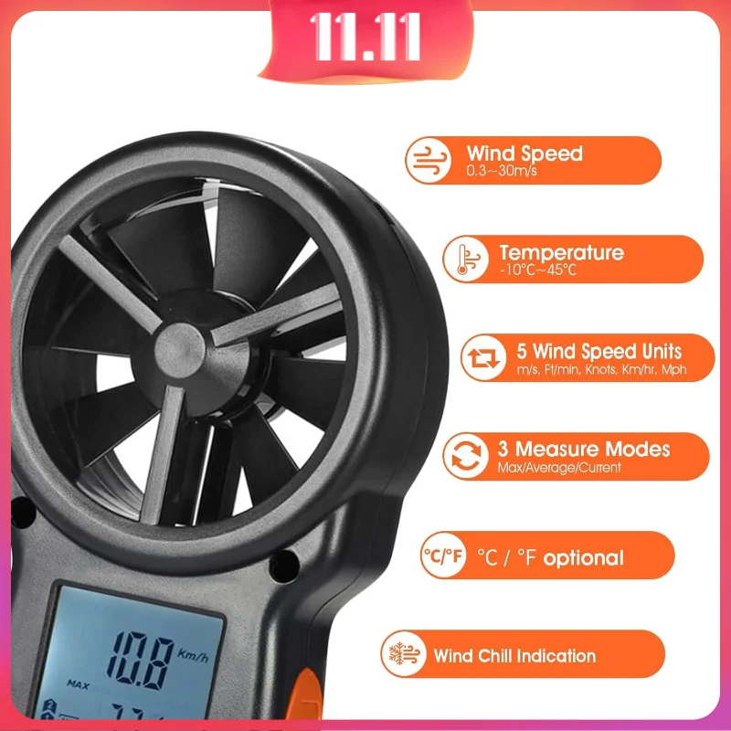 

Digital Anemometer, Handheld Wind Speed Meter with Temperature Measurement, 0.3-30m/s Air Flow Gauge for HVAC, Drone Flying