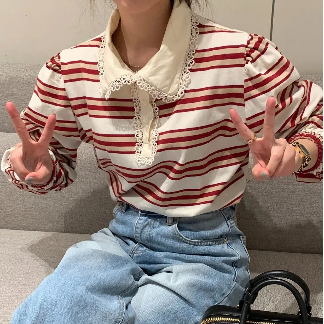 سترة نسائية فضفاضة طويلة بتصميم أنيق للخريف والشتاء وياقة مكشكشة ملونة بخطوط بلو ملابس خروج مريحة