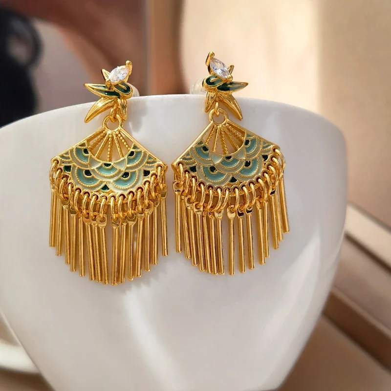 

925 Silver Needle Chinese Palace Style Copper Tassel Zircon Women's Earrings Retro Jewelry Niche Gift