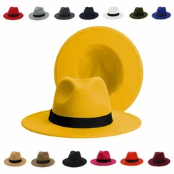 Women Winter Yellow Classic Elastic Fedora Hat Unisex Felt Jazz Hats Elegant Men Women Wide Brim Panama Trilby Cap