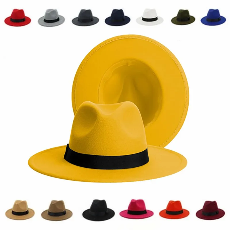 Damska zimowa żółta klasyczna elastyczna czapka Fedora unisex filcowe czapki jazzowe eleganckie męskie damskie szerokie rondo Panama Trilby Cap