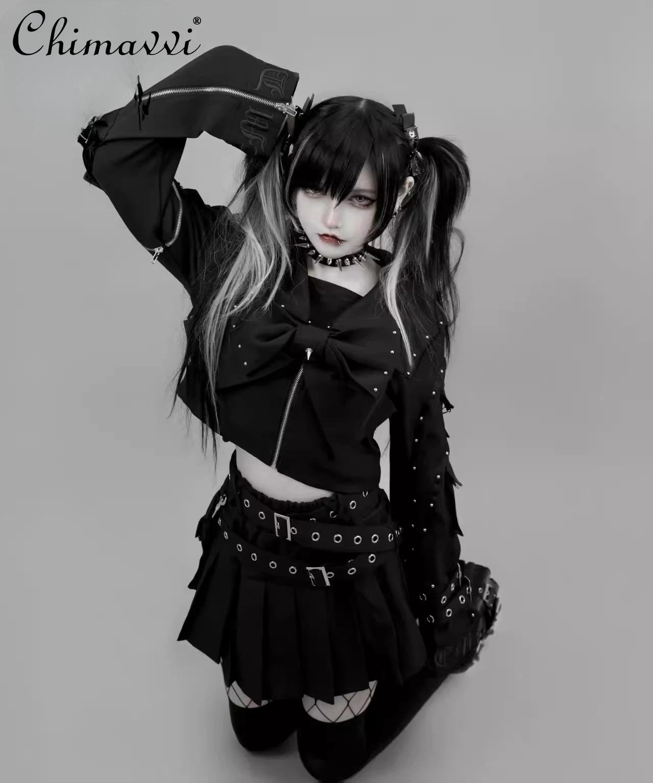 

Japanese New Sailor Suit Navy Collar Long Sleeve Top and Skirt Two-Piece Set Spring Subculture Punk Y2K Rivet Lolita Outfit