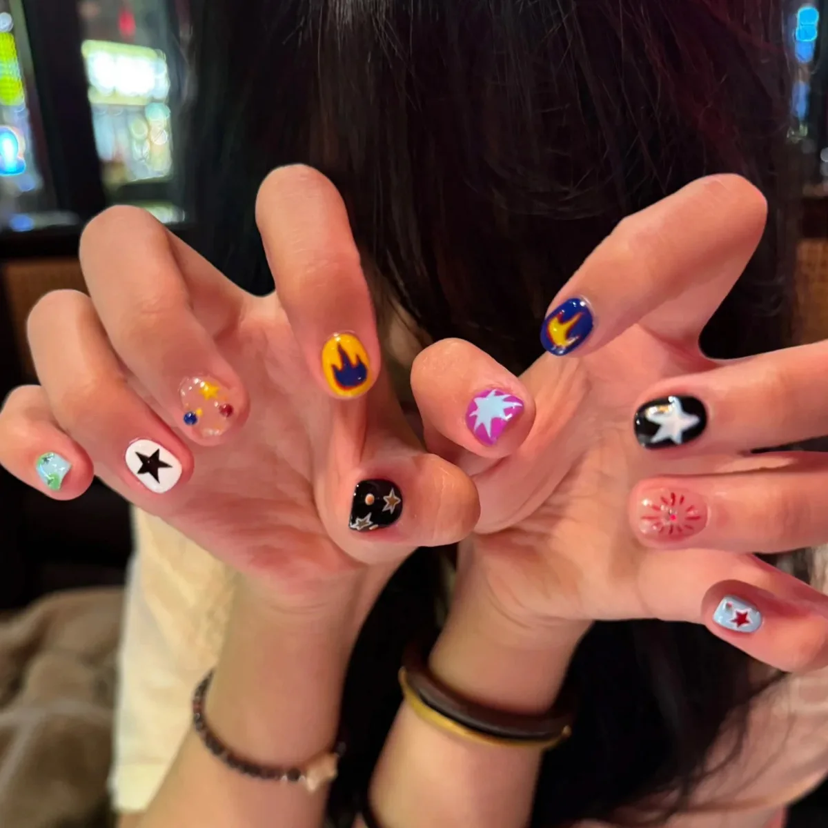 

10pcs Handmade Press on Nail Dopamine Star Flame Contrast Color Full Coverage Nail Tips for Women&Girls Removable Wearable Nail