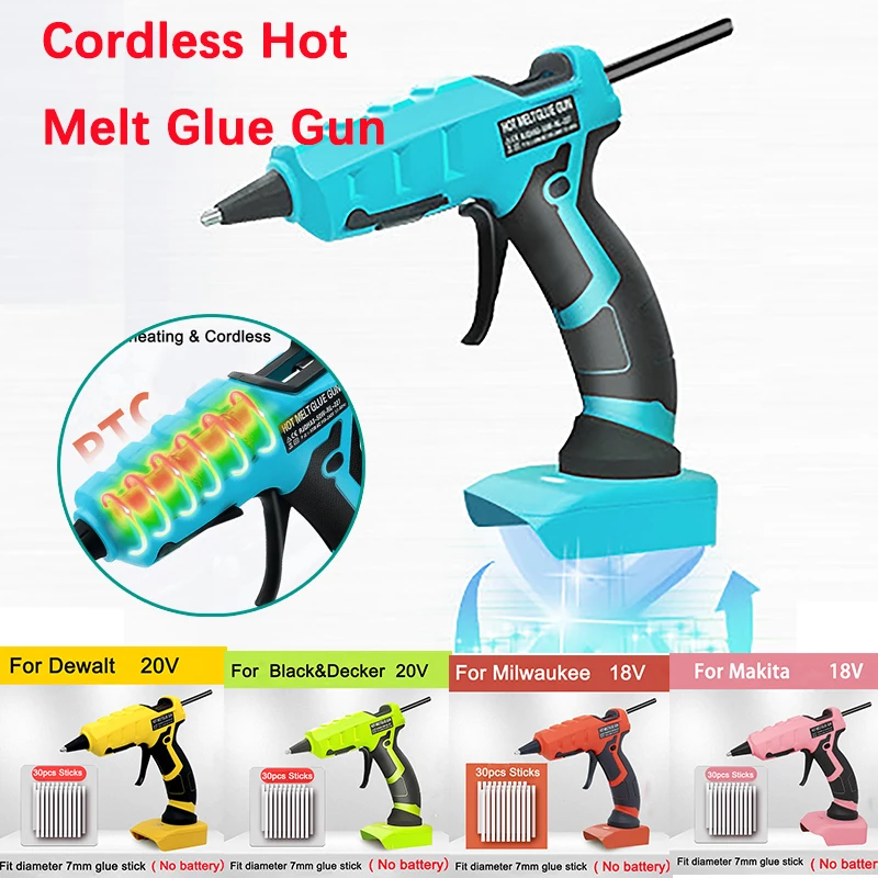 

Cordless Hot Melt Glue Gun Kit with 30Pcs 7mm Glue Sticks for Dewalt for Makita 18V Li-ion Battery Electric Repair Power Tool