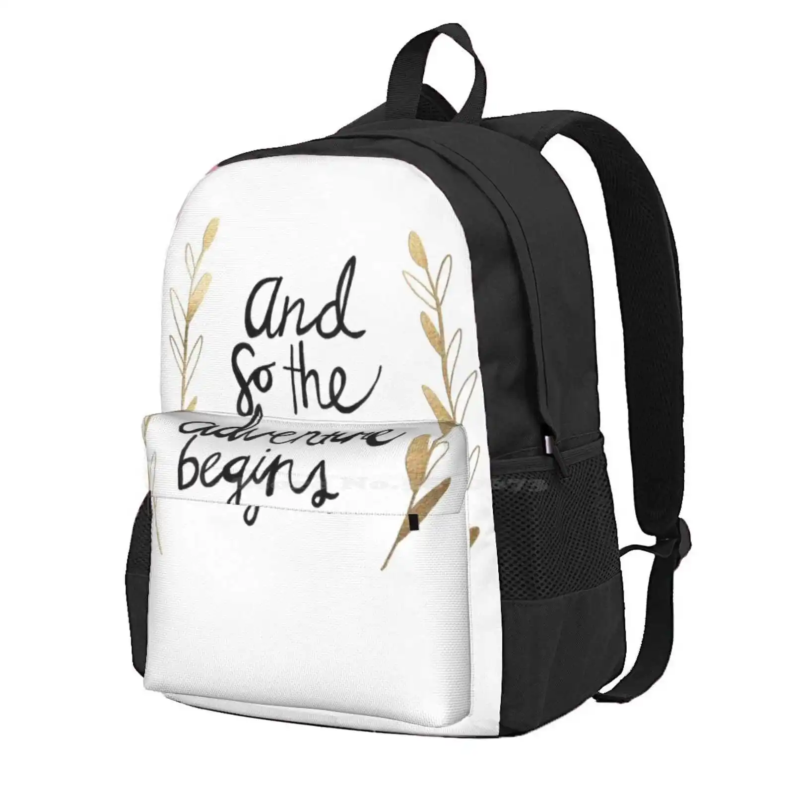 The Adventure Begins Hot Sale Schoolbag Backpack Fashion Bags Adventure Adventurous Explore Exploring Quoted Typography Leaf