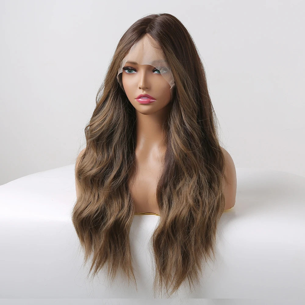 EASIHAIR Lace Front Wig Brown Ombre Long Wavy Synthetic Wigs for Women Lace Wig Natural High Density Heat Resistant Cosplay Wig