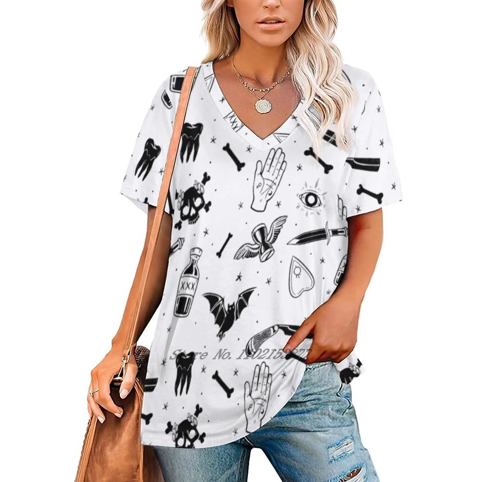 A Few Of My Macabre Things ( On White ) Women Print T-Shirt Summer Casual Tops Streetwear T Shirt Boho Ladies Top Bones Skulls