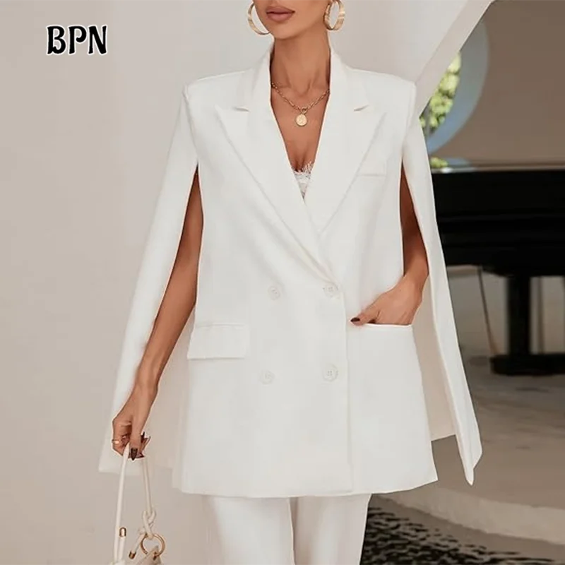 BPN Elegant Patchwork Pockets  Blazer For Women Notched Collar Cloak Sleeve Spliced Double Breasted Temperament Coat Female New