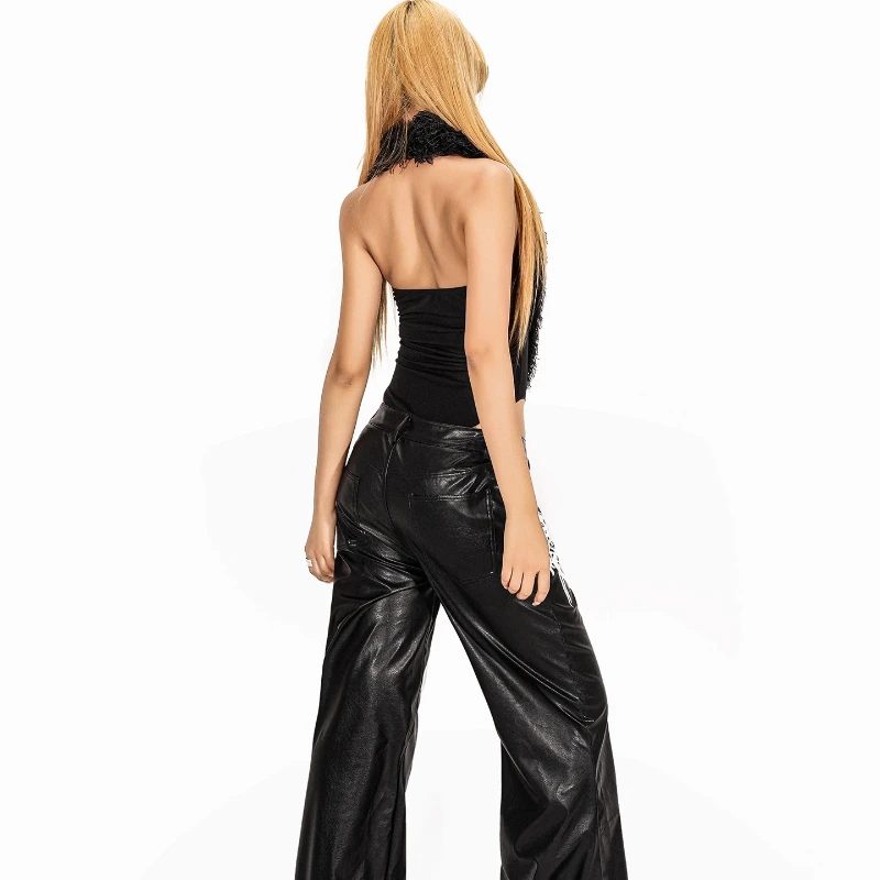 الأوروبية الأمريكية الرجعية تصميم الأسود فروي شرابة الرسن الرقبة المرأة سترة الخريف الشتاء مثير عارية الذراعين الساخن فتاة ارتداءها السيدات #5