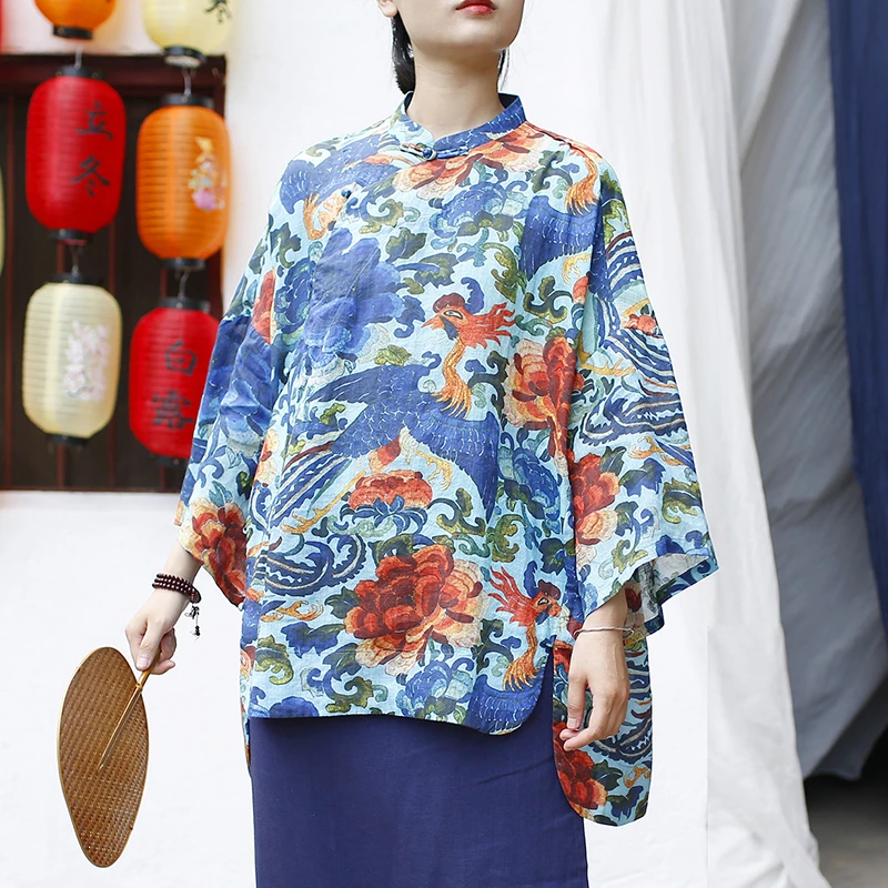

Chinese Style Women Casual Linen Shirt New Arrival 2025 Summer Vintage Print Mandarin Collar Loose Female Tops Shirts M1685