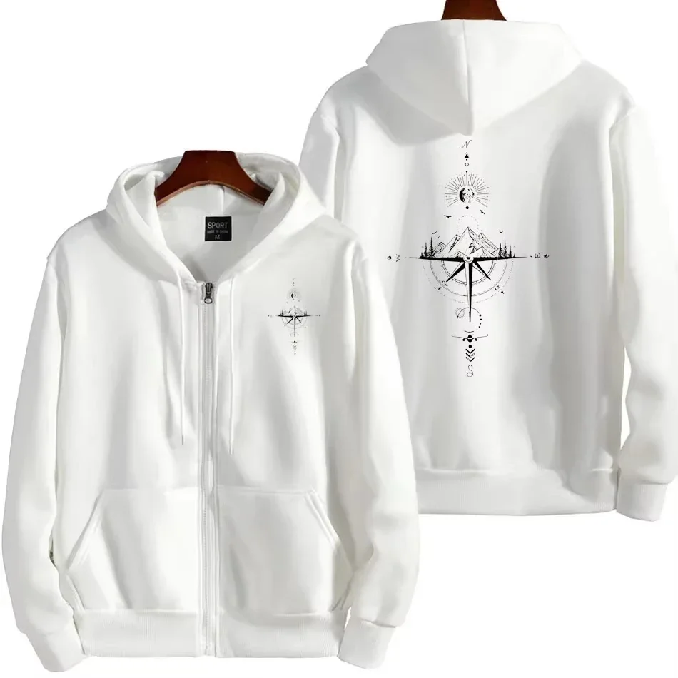 Men's and women's loose long sleeved zipper sports hooded sweatshirt with starry sky compass pattern print, made of warm fabric