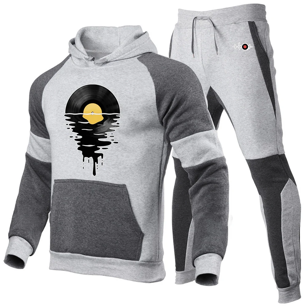 2025 Spring Autumn Music Lover New Men Sports Patchwork Cotton DJ Phonograph Record Hooded Pullover+Casual Sweatpants Suit