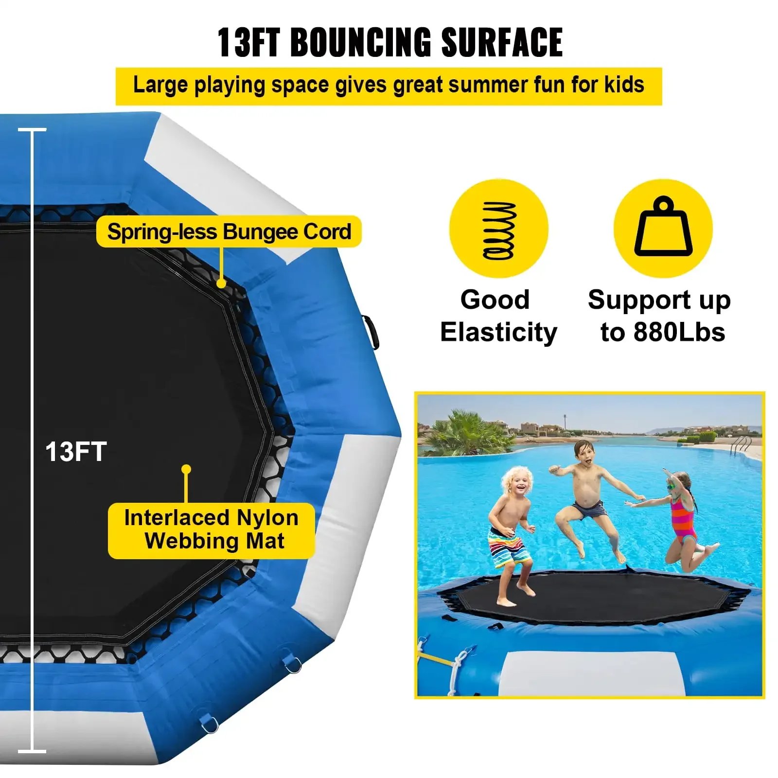 13ft Inflatable Water Bouncer, Water Trampoline Splash Padded Inflatable Bouncer Bounce Swim Platform for Water Sports