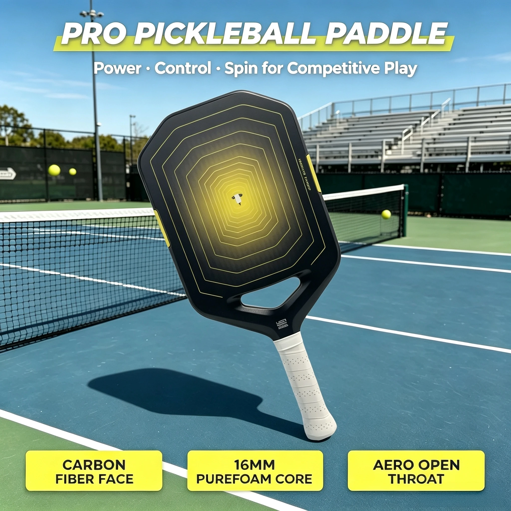 Thermoformed Carbon Fiber Pickleball Paddle，USAPA Approved，Open Throat，Inertia Tuned Balance，Large Sweet Spot，Grit Spin Surface