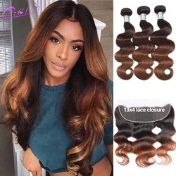 Blonde Body Wave Bundles With Frontal Closure T1B 4 30 Ombre Brown Raw Indian Human Hair Weave Bundles With 13x4 Lace Front Remy