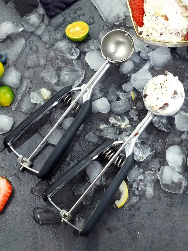 Cuillère à glace en acier inoxydable, sélection de plus de tailles, avec poignée en Silicone, cuillère à biscuits aux fruits avec déclencheur, 1 pièce