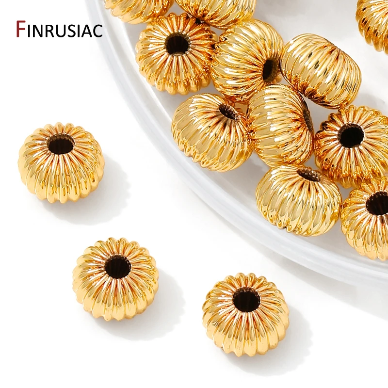 14K/18K Gold Plated Brass Corrugated Flat Beads,4/6/8mm Round Pumpkin Spacer Beads For DIY Bracelet Necklace Making Accessories