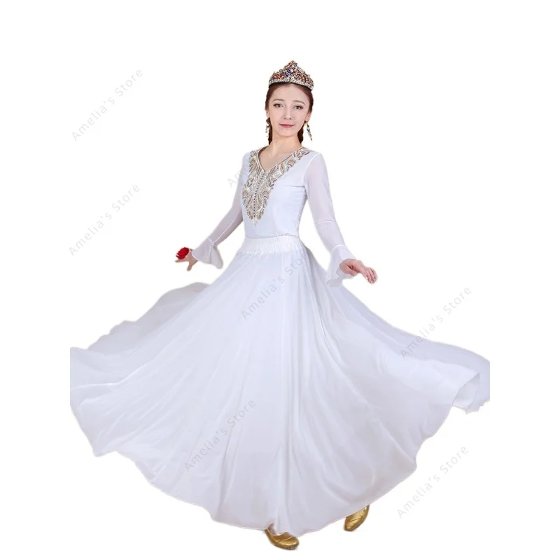 ชุดเต้นรำซินเจียง 2025 ชุดเต้นรำอุยกูร์สำหรับผู้หญิง ชุดพื้นเมือง เสื้อคลุมยาว กระโปรงยาว