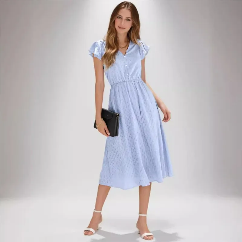 

2025 Summer New Women's Casual Solid Color V-Neck High-Waist Fresh Style Midi Dress Elegant Bohemian Dress
