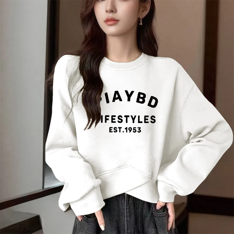 Fashion Printed Casual Asymmetrical Sweatshirts Female Clothing 2024 Spring Summer New Loose Korean Tops Irregular Sweatshirts