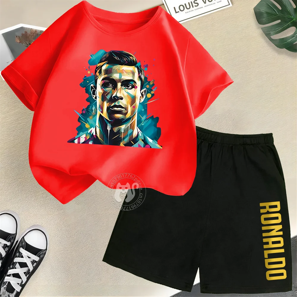 طقم صيفي للأطفال 100% قطن تي شيرتات قصيرة الاكمام + شورت لاعب كرة قدم كريستيانو رونالدو طباعة الأولاد والبنات الرياضات الخارجية se #3