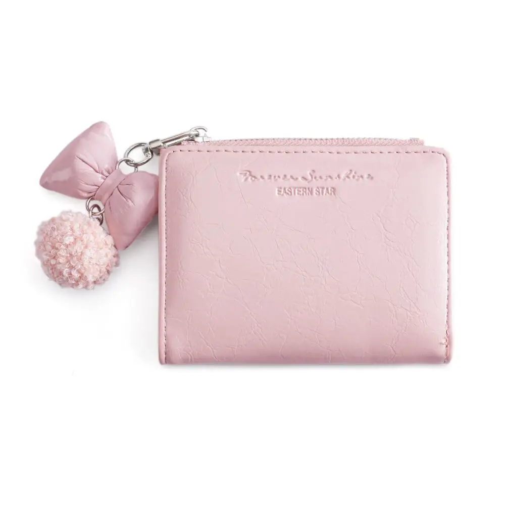 

Portable Korean Style Women Short Wallet Bow Pendant Short Clutch Card Bag Zipper Multi Slot PU Leather Card Holder Women