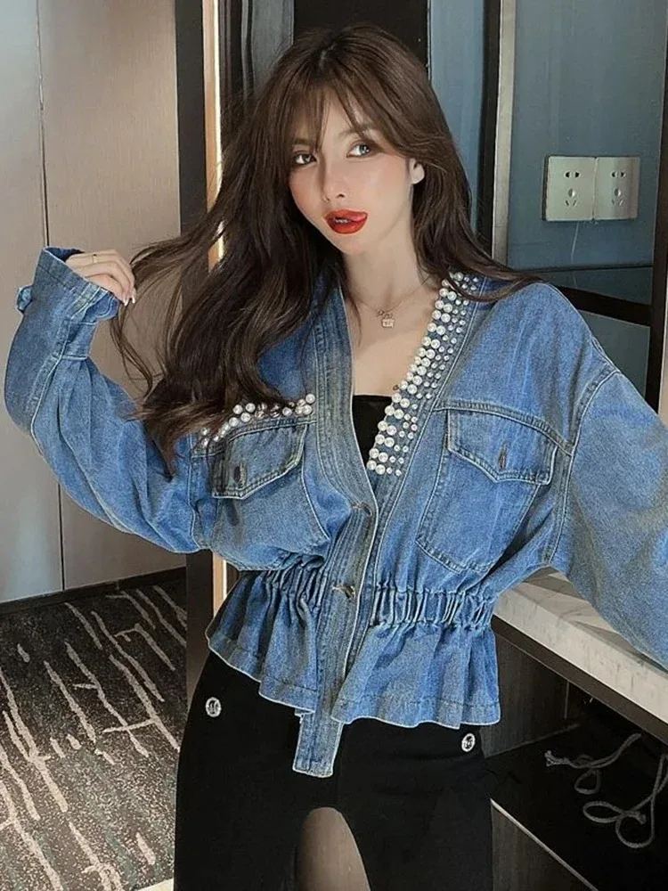 Fall 2026 New Retro Denim Jacket Coat Female Temperament V-neck Single-breasted Beaded Waist Slim Jacket Top KK1333