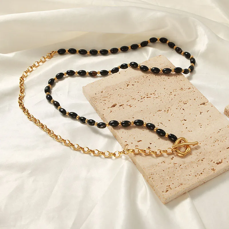Black agate beaded long necklaces stainless steel sweater necklaces vintage elegant black stainless steel jewelry non tarnish