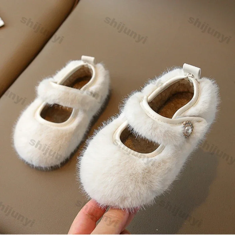 Children\'s Winter Cotton-padded Warm Cotton Fur Fluffy Children Flats Girls Loafers Slip-on Princess Sweet Anti-slippery Shoes