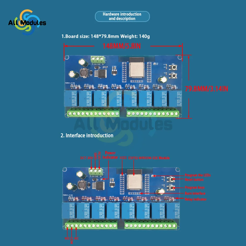 DC5-30V Power Supply ESP32 WIFI Bluetooth BLE 8 Channel Relay ESP32-WROOM Secondary Development Board