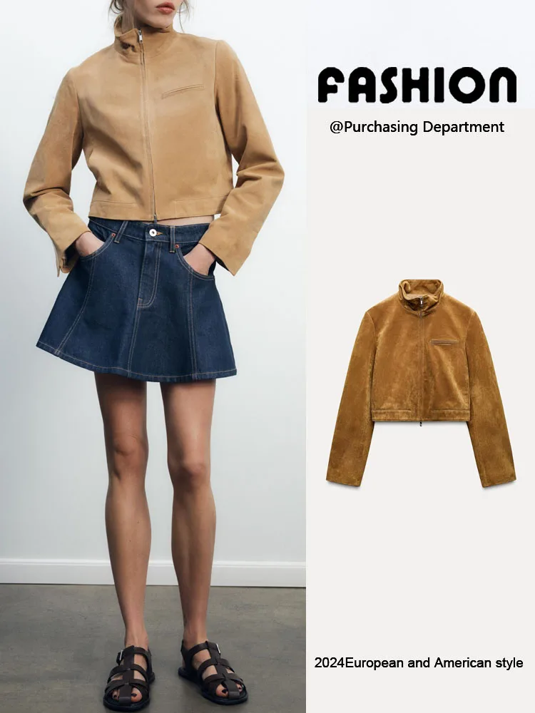 Spring New Arrival Women's Fashion Leather Jacket Stand Collar Long Sleeve Zipper Pure Velvet Surface Short Coat
