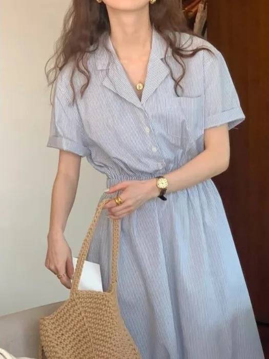 

Spring Vintage irt Dr Women's Slim Fit ort Sve Waist Cinched Long Dr Chic Commute Sle Regular Fit Medium Softn