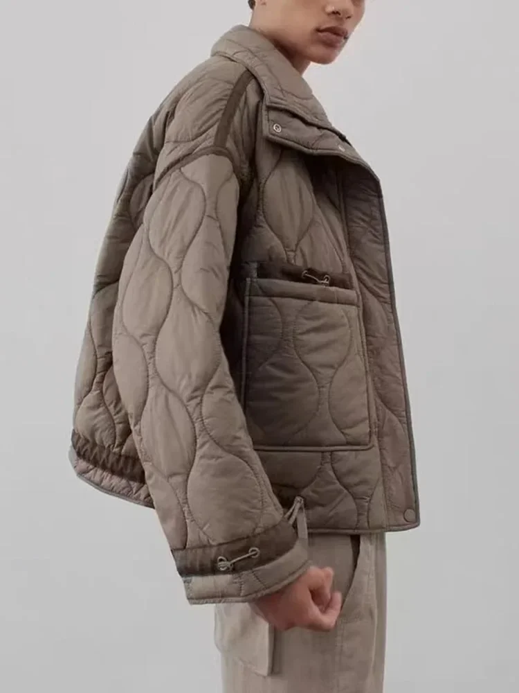 خريف شتاء جديد إمرأة موضة سترة قطن دافئة الوقوف طوق كم طويل الجبهة زيبر أزرار الإناث معطف خمر