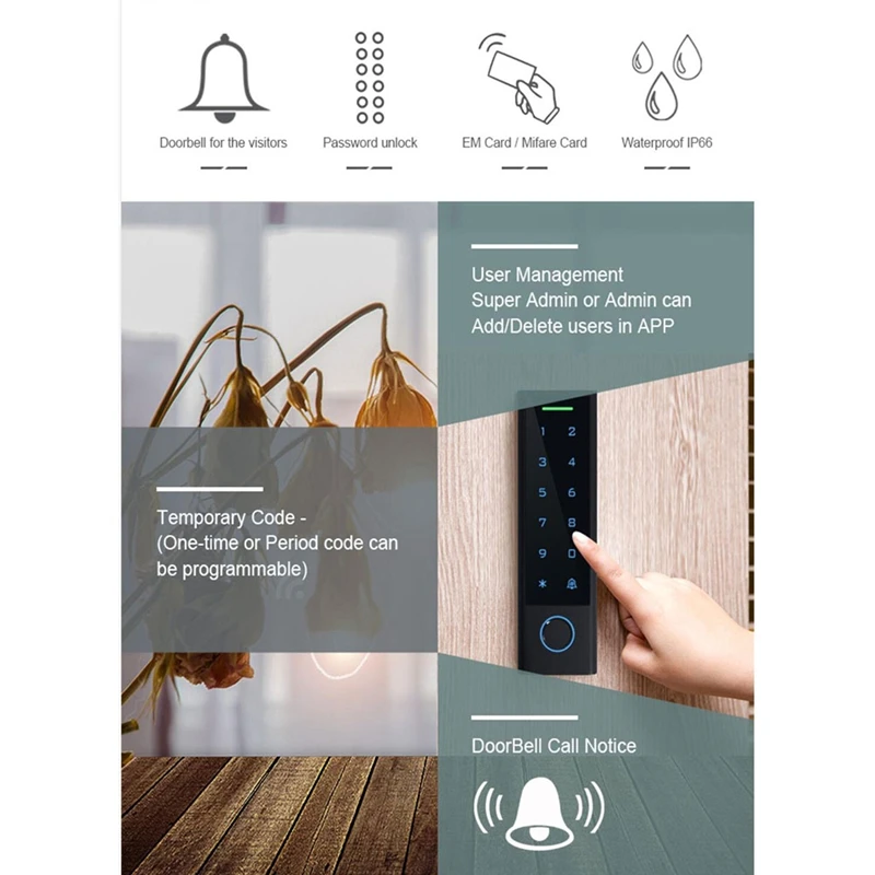 Czarny, smukły plastikowy obudowa z klawiaturą, system kontroli dostępu do drzwi z czytnikiem linii papilarnych Tuya WiFi TTLock, czytnik kart 125KHz - A23U