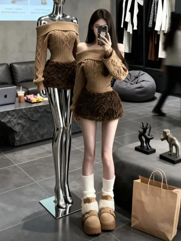 

Retro Unique Beautiful One Shoulder Knitted Sweater Half Skirt Two Piece Set Elegant Complete Outfit Spring 2025 Fashion Set