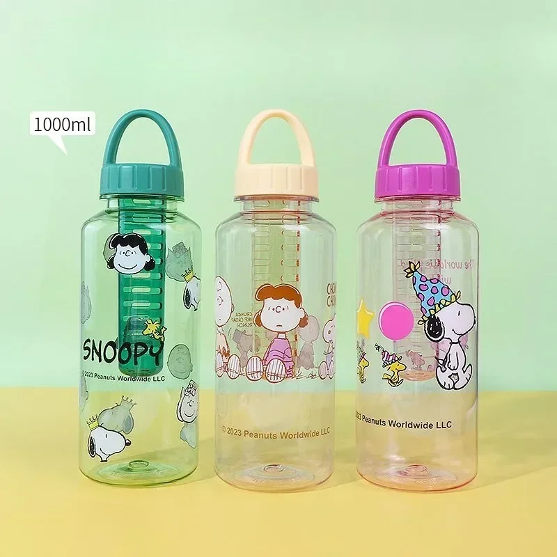 Kawaii MINISO Snoopy 1000ml Large Capaity Plastic Cup Boys Girls Cartoon Printing Portable Sports Fitness Water Bottle Kids Gift