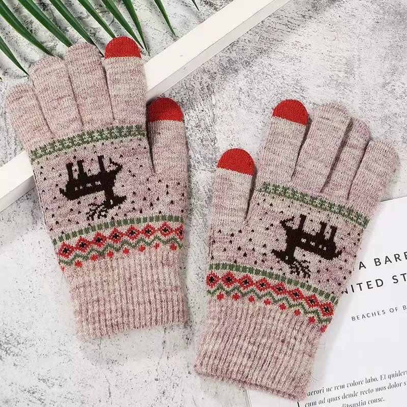 2024 Autumn and Winter Thickened Velvet Christmas Deer Jacquard Knitted Warm Finger Touch Screen Gloves Wholesale 여성장갑