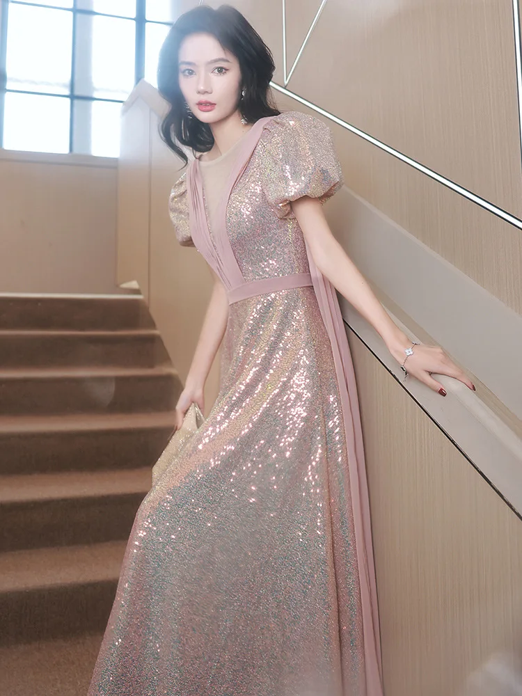 formal Sequined Evening Dress for Women Banquet Temperament Socialite Light Luxury Minority Adult Ceremony Host High Se